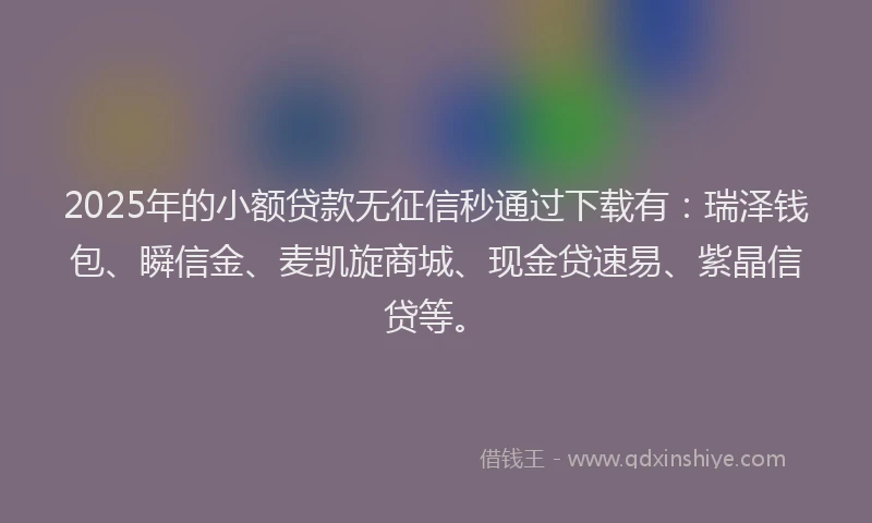 2025年的小额贷款无征信秒通过下载有：瑞泽钱包、瞬信金、麦凯旋商城、现金贷速易、紫晶信贷等。