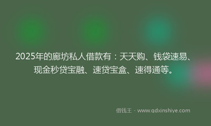 2025年的廊坊私人借款有：天天购、钱袋速易、现金秒贷宝融、速贷宝盒、速得通等。