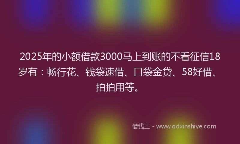 2025年的小额借款3000马上到账的不看征信18岁有：畅行花、钱袋速借、口袋金贷、58好借、拍拍用等。