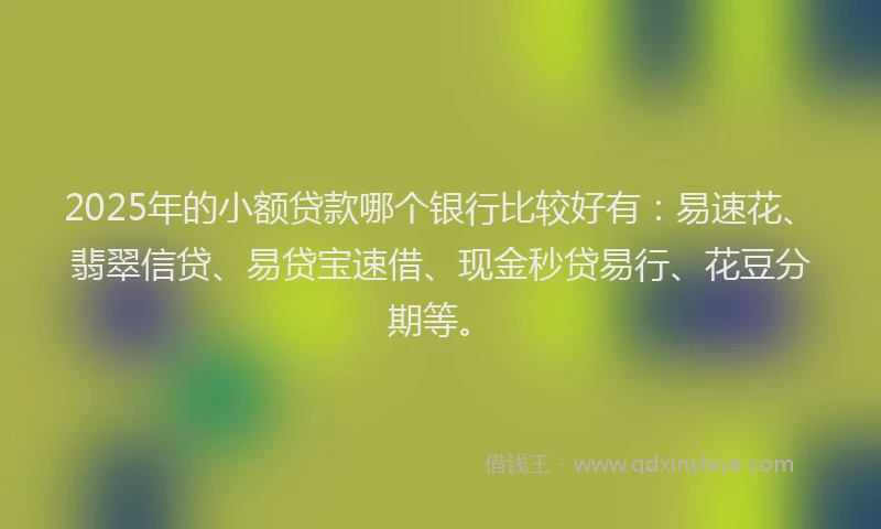 2025年的小额贷款哪个银行比较好有：易速花、翡翠信贷、易贷宝速借、现金秒贷易行、花豆分期等。