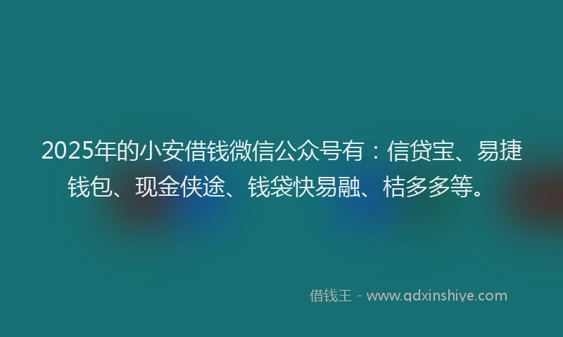 2025年的小安借钱微信公众号有：信贷宝、易捷钱包、现金侠途、钱袋快易融、桔多多等。