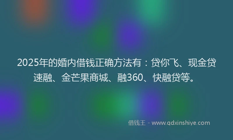 2025年的婚内借钱正确方法有：贷你飞、现金贷速融、金芒果商城、融360、快融贷等。