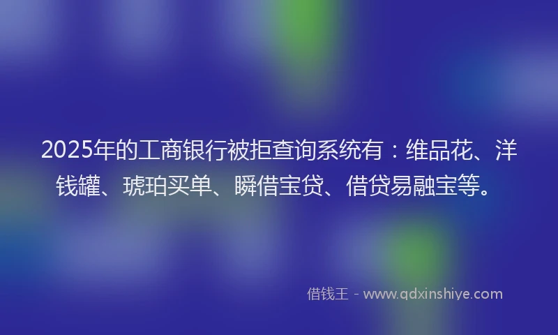 2025年的工商银行被拒查询系统有：维品花、洋钱罐、琥珀买单、瞬借宝贷、借贷易融宝等。