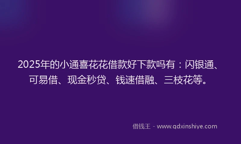 2025年的小通喜花花借款好下款吗有：闪银通、可易借、现金秒贷、钱速借融、三枝花等。