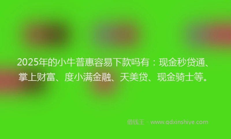 2025年的小牛普惠容易下款吗有：现金秒贷通、掌上财富、度小满金融、天美贷、现金骑士等。