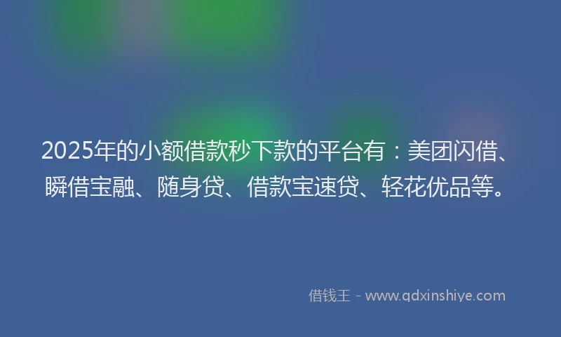 2025年的小额借款秒下款的平台有：美团闪借、瞬借宝融、随身贷、借款宝速贷、轻花优品等。