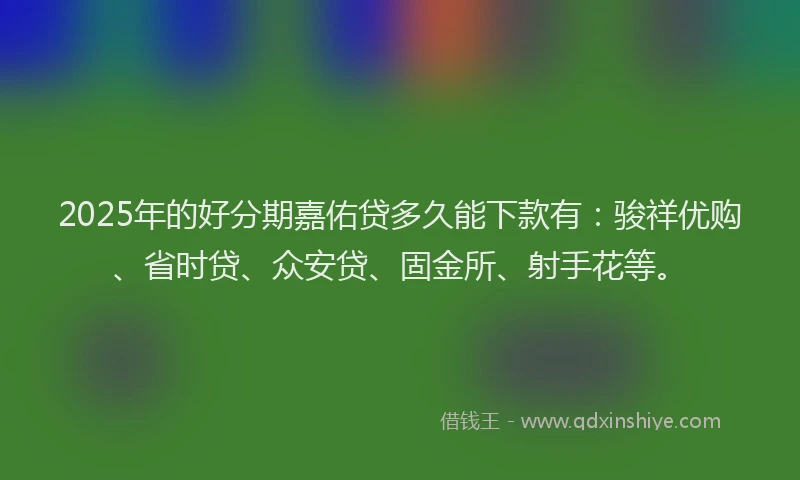 2025年的好分期嘉佑贷多久能下款有：骏祥优购、省时贷、众安贷、固金所、射手花等。