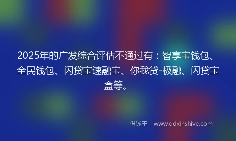 2025年的广发综合评估不通过有：智享宝钱包、全民钱包、闪贷宝速融宝、你我贷-极融、闪贷宝盒等。