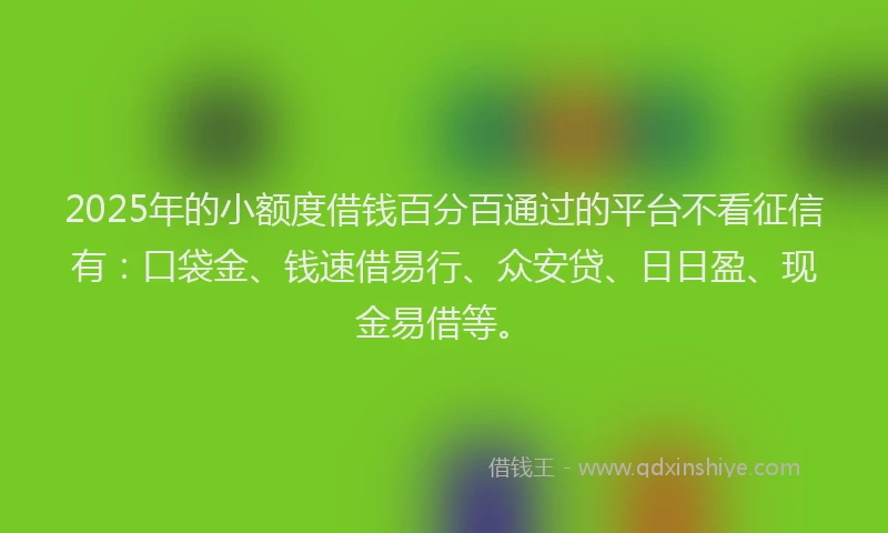 2025年的小额度借钱百分百通过的平台不看征信有：口袋金、钱速借易行、众安贷、日日盈、现金易借等。