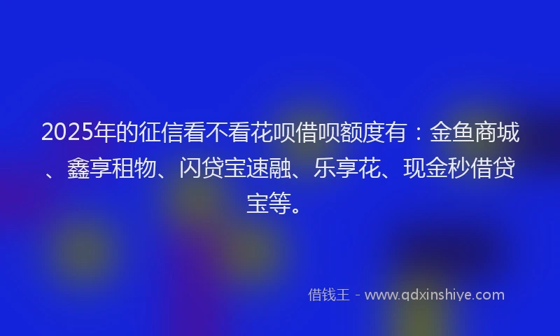 2025年的征信看不看花呗借呗额度有：金鱼商城、鑫享租物、闪贷宝速融、乐享花、现金秒借贷宝等。