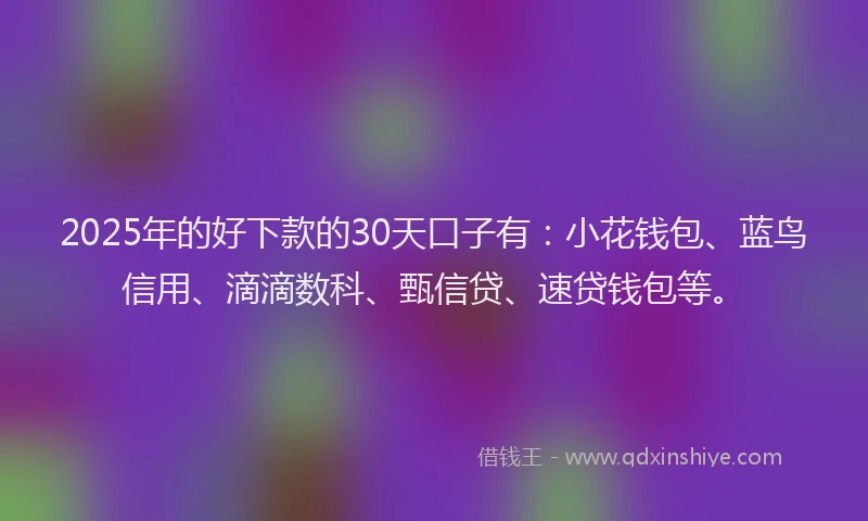 2025年的好下款的30天口子有：小花钱包、蓝鸟信用、滴滴数科、甄信贷、速贷钱包等。