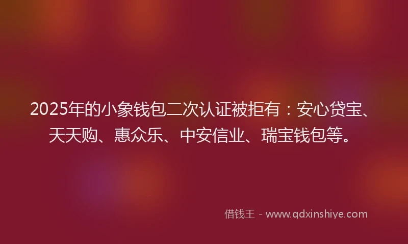 2025年的小象钱包二次认证被拒有：安心贷宝、天天购、惠众乐、中安信业、瑞宝钱包等。