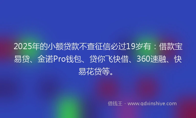 2025年的小额贷款不查征信必过19岁有：借款宝易贷、金诺Pro钱包、贷你飞快借、360速融、快易花贷等。