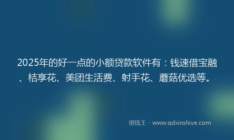 2025年的好一点的小额贷款软件有：钱速借宝融、桔享花、美团生活费、射手花、蘑菇优选等。