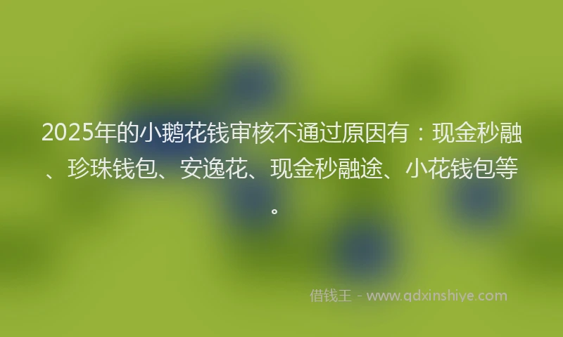 2025年的小鹅花钱审核不通过原因有：现金秒融、珍珠钱包、安逸花、现金秒融途、小花钱包等。