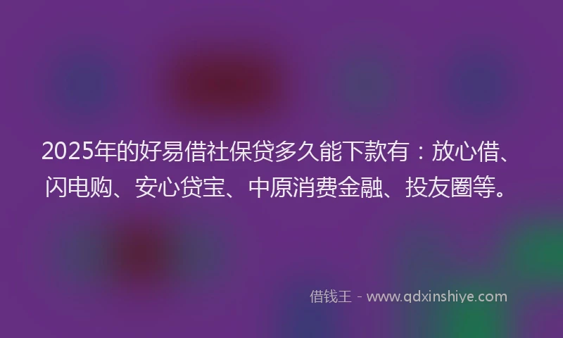 2025年的好易借社保贷多久能下款有：放心借、闪电购、安心贷宝、中原消费金融、投友圈等。