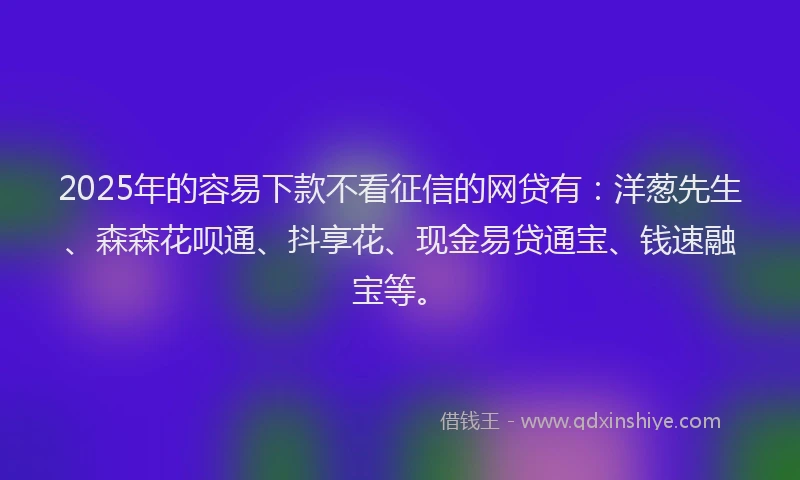 2025年的容易下款不看征信的网贷有：洋葱先生、森森花呗通、抖享花、现金易贷通宝、钱速融宝等。