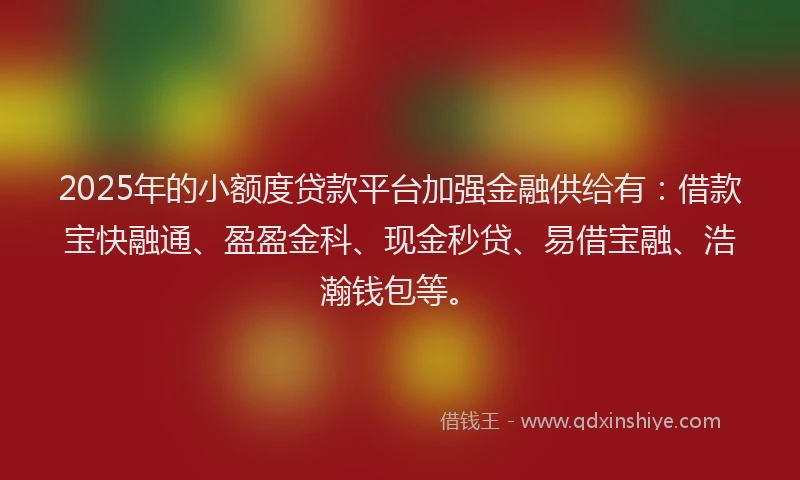 2025年的小额度贷款平台加强金融供给有：借款宝快融通、盈盈金科、现金秒贷、易借宝融、浩瀚钱包等。