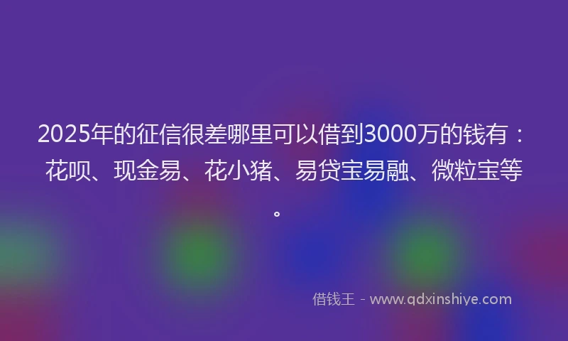 2025年的征信很差哪里可以借到3000万的钱有：花呗、现金易、花小猪、易贷宝易融、微粒宝等。