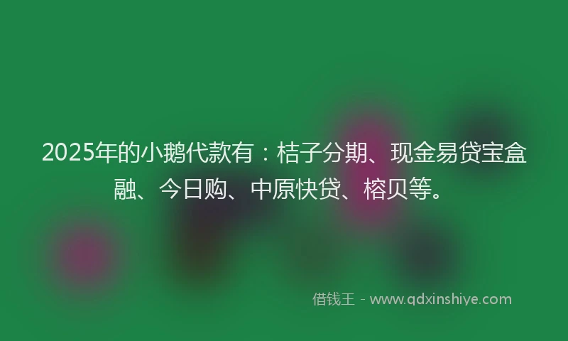 2025年的小鹅代款有：桔子分期、现金易贷宝盒融、今日购、中原快贷、榕贝等。