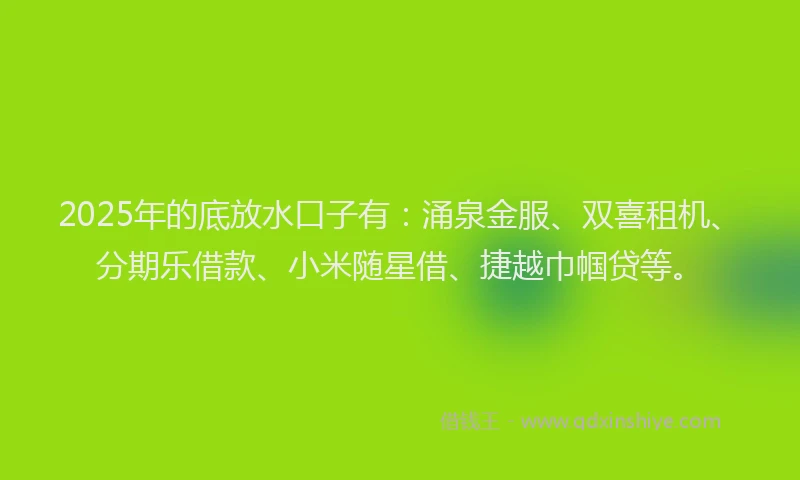 2025年的底放水口子有：涌泉金服、双喜租机、分期乐借款、小米随星借、捷越巾帼贷等。