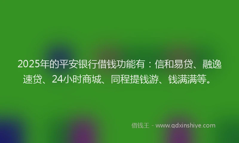 2025年的平安银行借钱功能有：信和易贷、融逸速贷、24小时商城、同程提钱游、钱满满等。