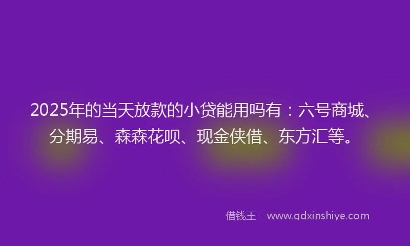 2025年的当天放款的小贷能用吗有：六号商城、分期易、森森花呗、现金侠借、东方汇等。