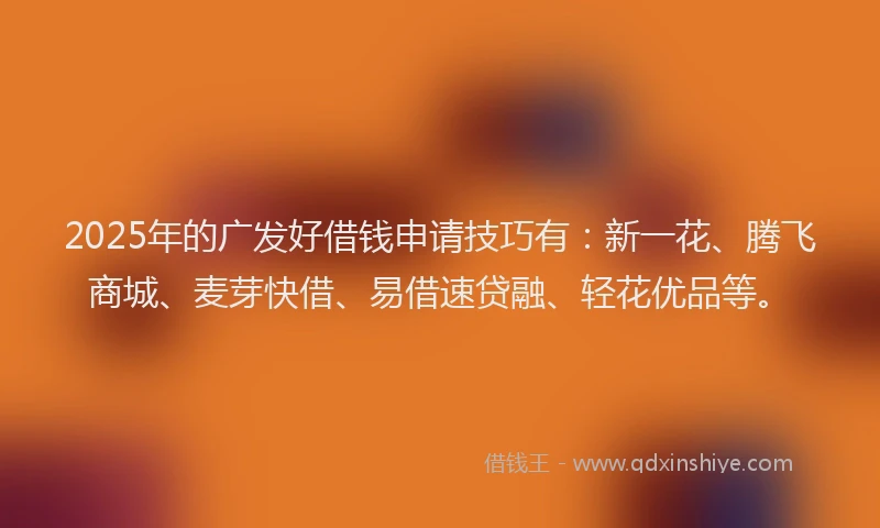 2025年的广发好借钱申请技巧有：新一花、腾飞商城、麦芽快借、易借速贷融、轻花优品等。