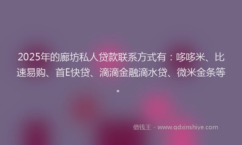 2025年的廊坊私人贷款联系方式有：哆哆米、比速易购、首E快贷、滴滴金融滴水贷、微米金条等。