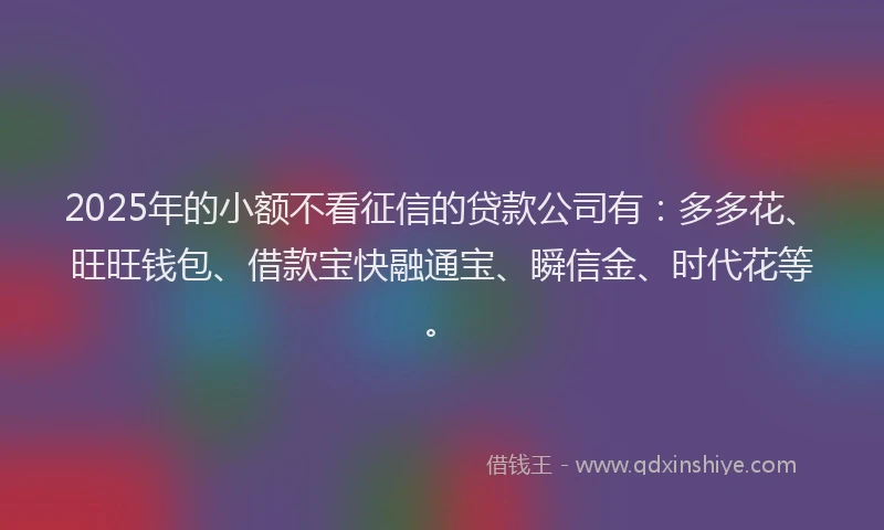 2025年的小额不看征信的贷款公司有：多多花、旺旺钱包、借款宝快融通宝、瞬信金、时代花等。