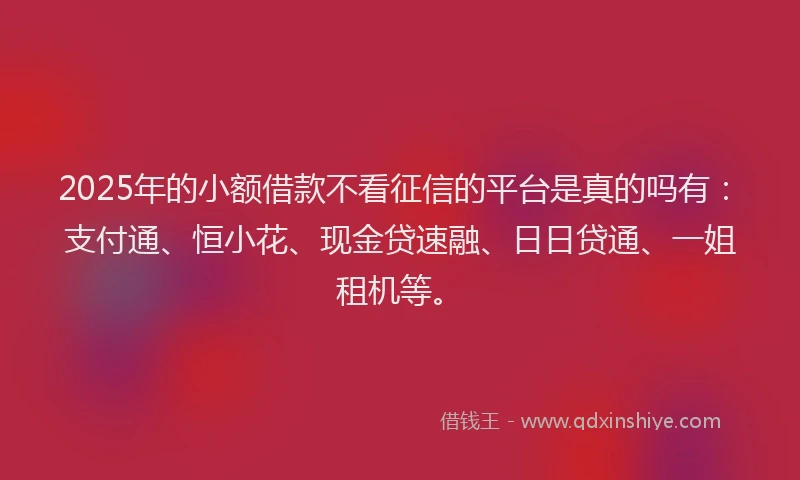 2025年的小额借款不看征信的平台是真的吗有：支付通、恒小花、现金贷速融、日日贷通、一姐租机等。