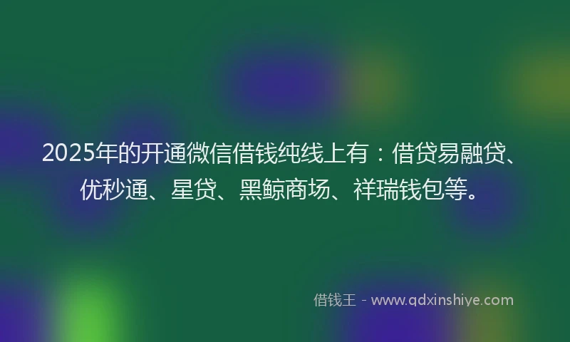 2025年的开通微信借钱纯线上有：借贷易融贷、优秒通、星贷、黑鲸商场、祥瑞钱包等。