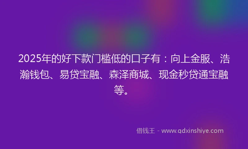 2025年的好下款门槛低的口子有：向上金服、浩瀚钱包、易贷宝融、森泽商城、现金秒贷通宝融等。