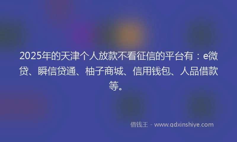 2025年的天津个人放款不看征信的平台有：e微贷、瞬信贷通、柚子商城、信用钱包、人品借款等。