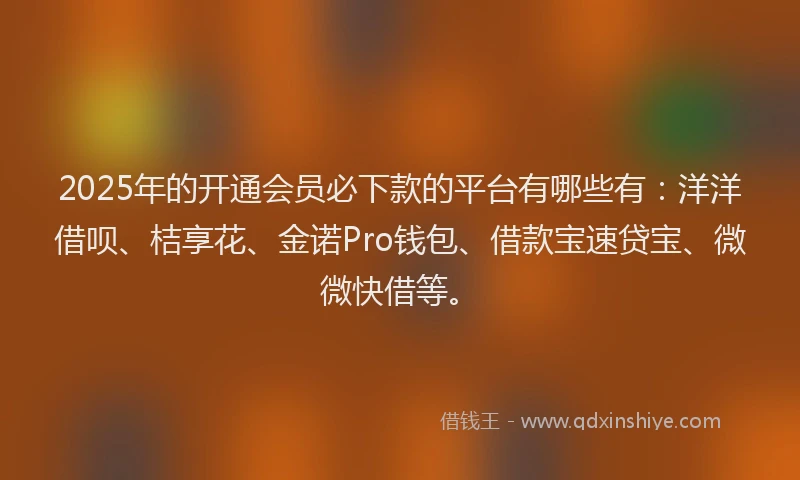 2025年的开通会员必下款的平台有哪些有：洋洋借呗、桔享花、金诺Pro钱包、借款宝速贷宝、微微快借等。