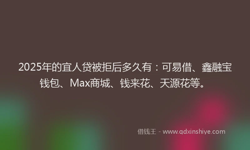 2025年的宜人贷被拒后多久有：可易借、鑫融宝钱包、Max商城、钱来花、天源花等。