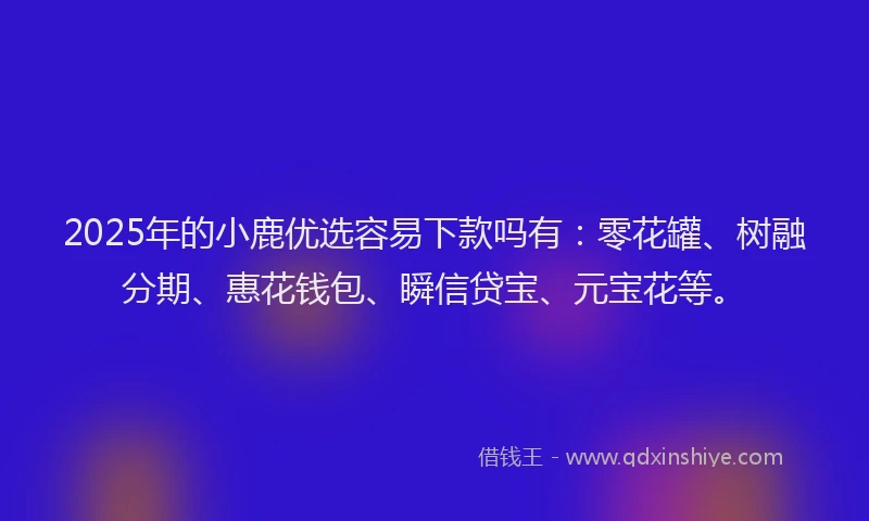 2025年的小鹿优选容易下款吗有：零花罐、树融分期、惠花钱包、瞬信贷宝、元宝花等。