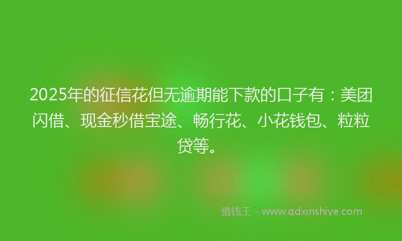 2025年的征信花但无逾期能下款的口子有：美团闪借、现金秒借宝途、畅行花、小花钱包、粒粒贷等。