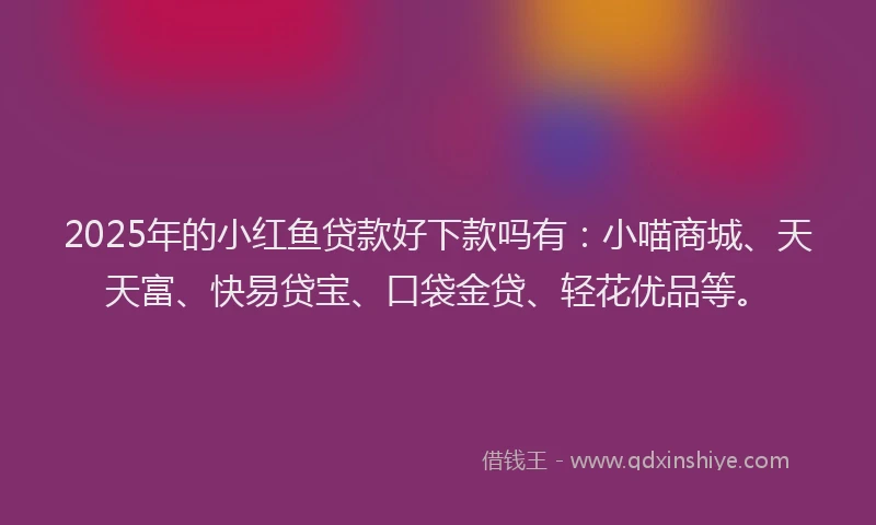 2025年的小红鱼贷款好下款吗有：小喵商城、天天富、快易贷宝、口袋金贷、轻花优品等。