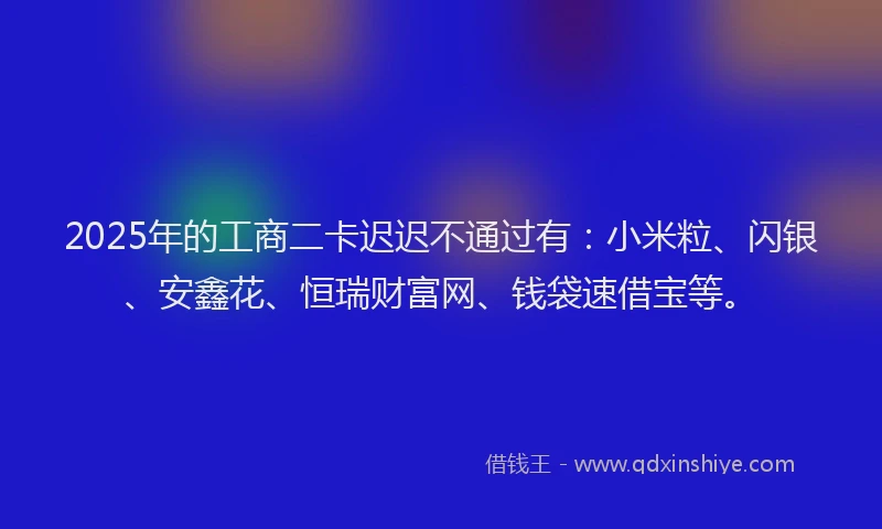 2025年的工商二卡迟迟不通过有：小米粒、闪银、安鑫花、恒瑞财富网、钱袋速借宝等。