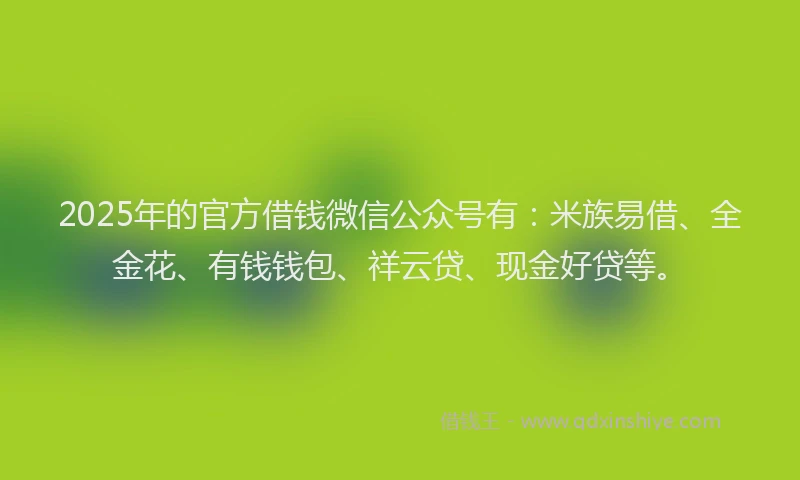2025年的官方借钱微信公众号有：米族易借、全金花、有钱钱包、祥云贷、现金好贷等。