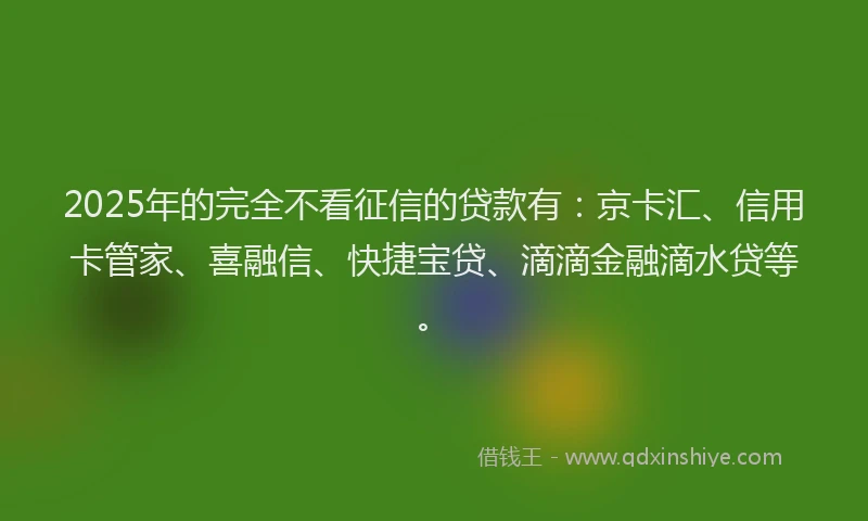 2025年的完全不看征信的贷款有：京卡汇、信用卡管家、喜融信、快捷宝贷、滴滴金融滴水贷等。