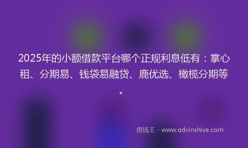 2025年的小额借款平台哪个正规利息低有：掌心租、分期易、钱袋易融贷、鹿优选、橄榄分期等。