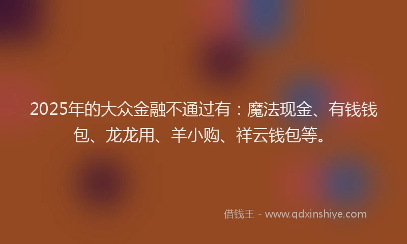 2025年的大众金融不通过有：魔法现金、有钱钱包、龙龙用、羊小购、祥云钱包等。
