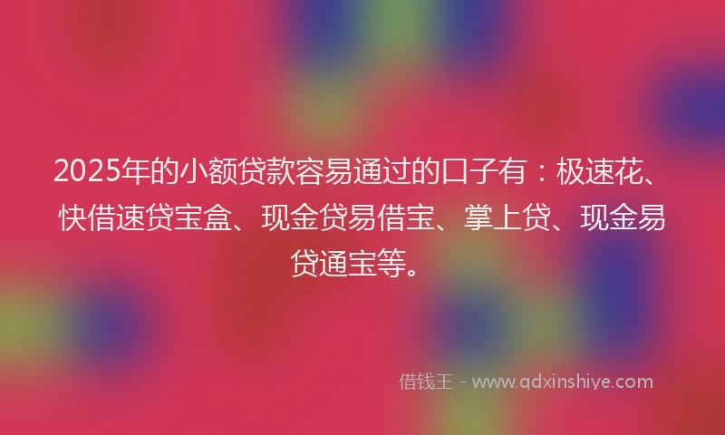2025年的小额贷款容易通过的口子有：极速花、快借速贷宝盒、现金贷易借宝、掌上贷、现金易贷通宝等。