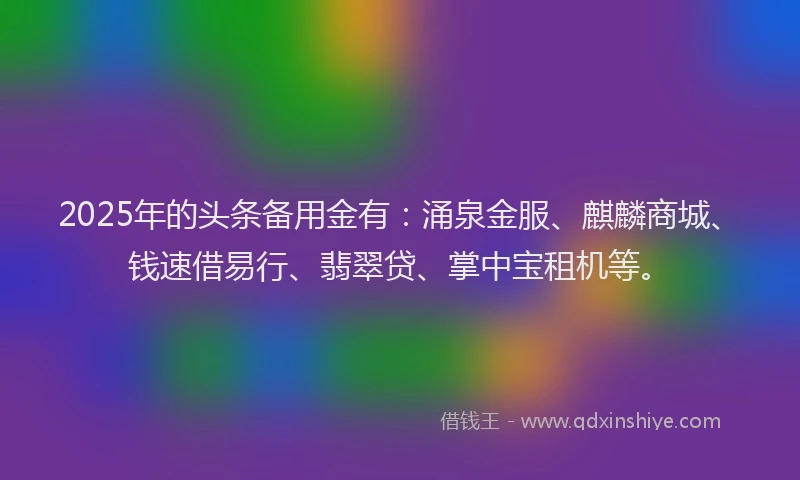 2025年的头条备用金有：涌泉金服、麒麟商城、钱速借易行、翡翠贷、掌中宝租机等。