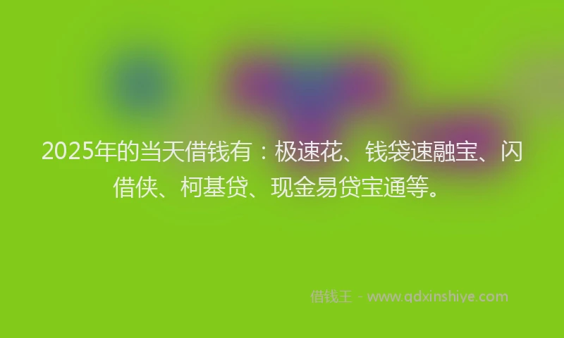 2025年的当天借钱有：极速花、钱袋速融宝、闪借侠、柯基贷、现金易贷宝通等。