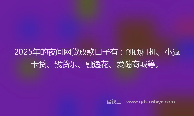 2025年的夜间网贷放款口子有：创硕租机、小赢卡贷、钱贷乐、融逸花、爱蹦商城等。