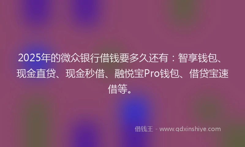 2025年的微众银行借钱要多久还有：智享钱包、现金直贷、现金秒借、融悦宝Pro钱包、借贷宝速借等。