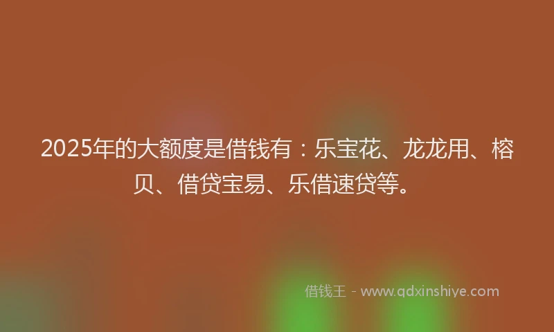 2025年的大额度是借钱有：乐宝花、龙龙用、榕贝、借贷宝易、乐借速贷等。